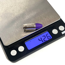 Load image into Gallery viewer, Fake Nickel 9MM Luger Real Once Fired Brass Casings With New Purple Bullet