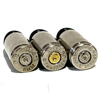 Load image into Gallery viewer, Fake Nickel 9MM Luger Real Once Fired Brass Casings With New Black Bullet