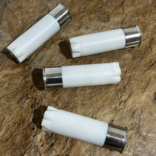 Load image into Gallery viewer, White Blank Empty Shotgun Shells Silver Bottom 12 Gauge No Markings On Hulls Used Casings DIY Wedding Boutonnieres | 8 Pcs | FREE SHIPPING
