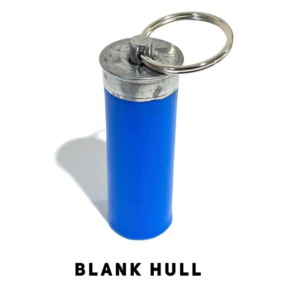 Blank blue 12 gauge shotgun shell keychain standing upright on a white background with split key ring.