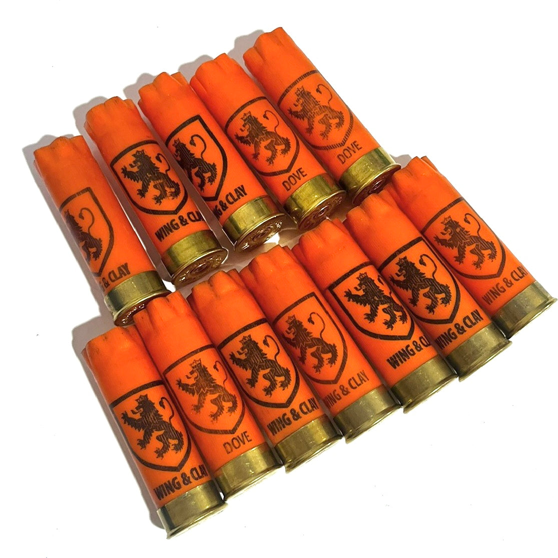 Twelve orange Monarch Wing and Clay 12 gauge shotgun shells with gold bases arranged in rows