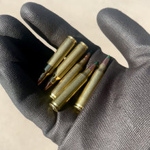 Load and play video in Gallery viewer, .223 Remington / 5.56 Nato Dummy Rifle Rounds Real Once Fired Brass Casings With New Green Tip Bullet