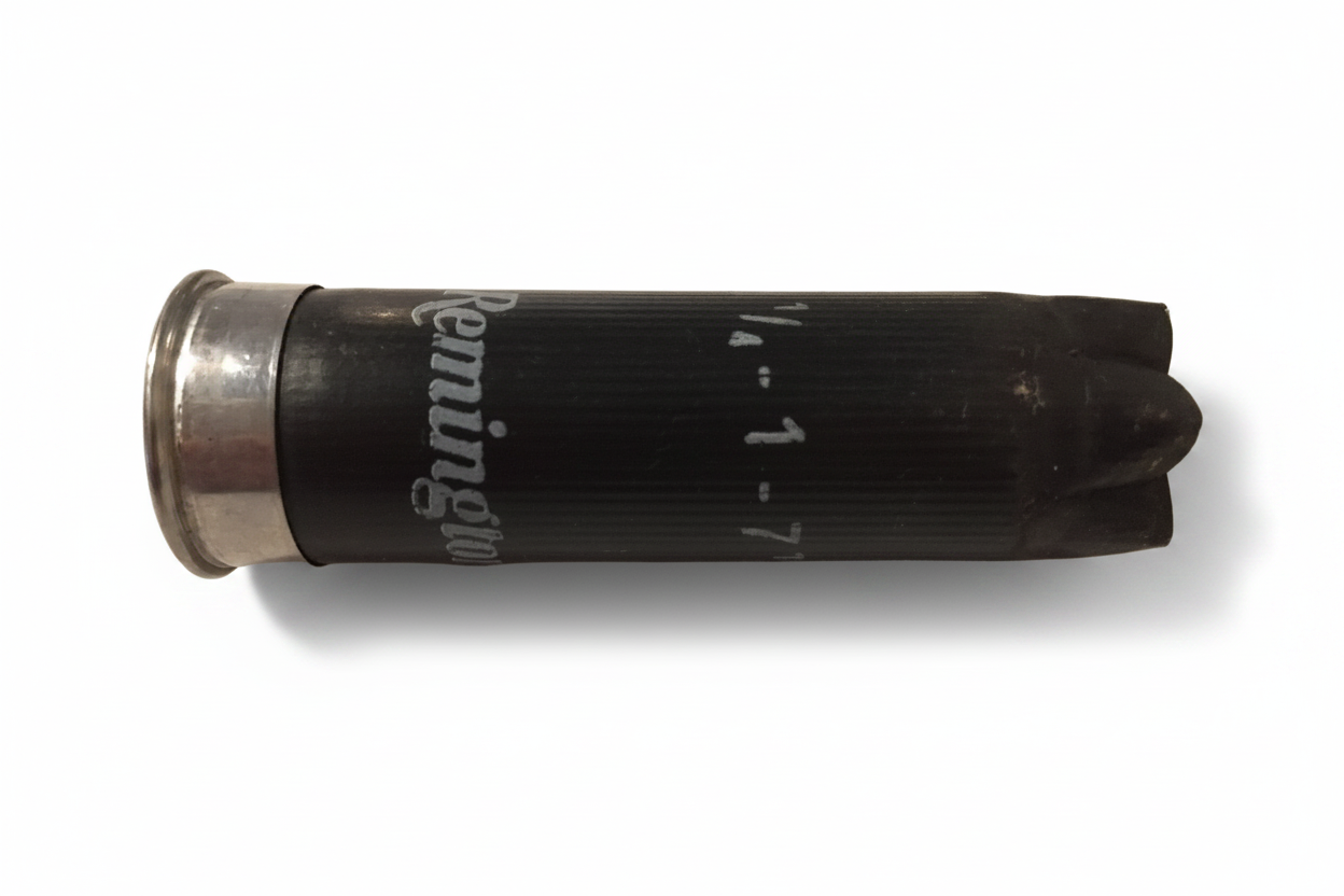 Single black spent Remington 12 gauge empty shotgun hull with silver base lying horizontally showing white printed lettering.