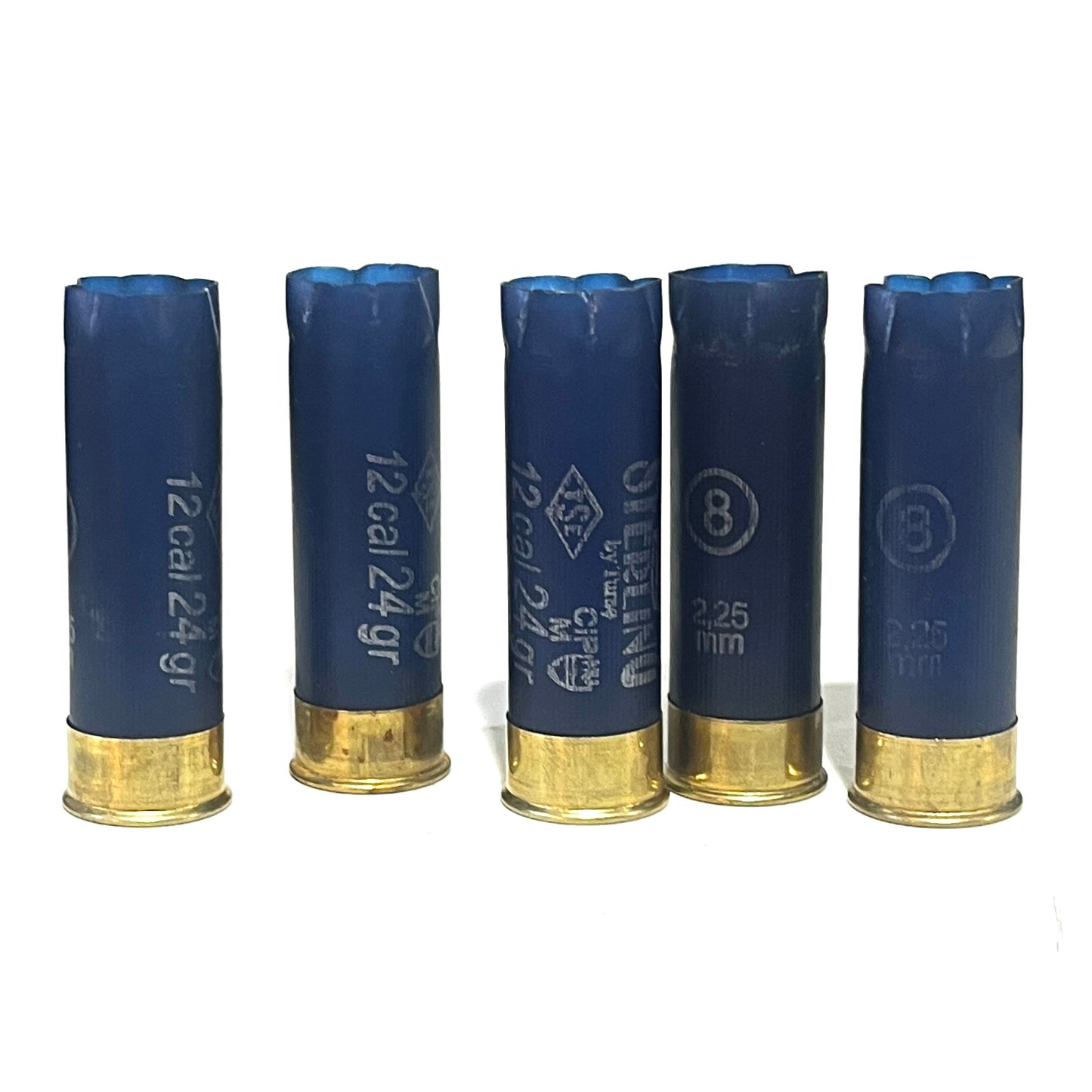 Five navy blue Sterling 12ga shotgun casings standing upright in a row with brass bases showing