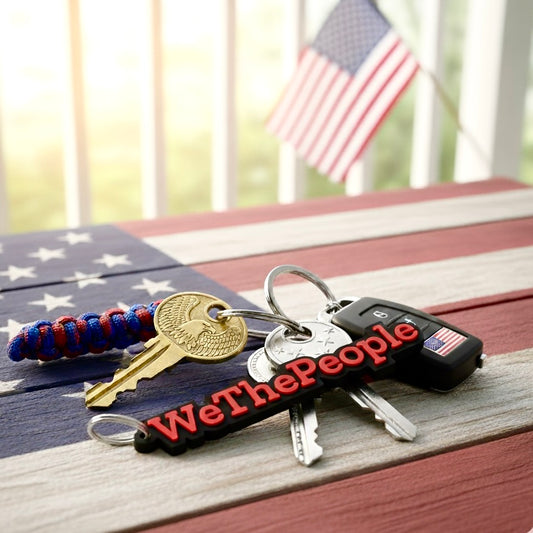 Black WeThePeople keychain with red lettering on a set of keys, resting on an American flag table