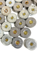 Load and play video in Gallery viewer, Silver Head Stamps Shotgun Shell 12 Gauge Silver End Caps Bottoms DIY Bullet Necklace Earring Jewelry Steampunk Crafts
