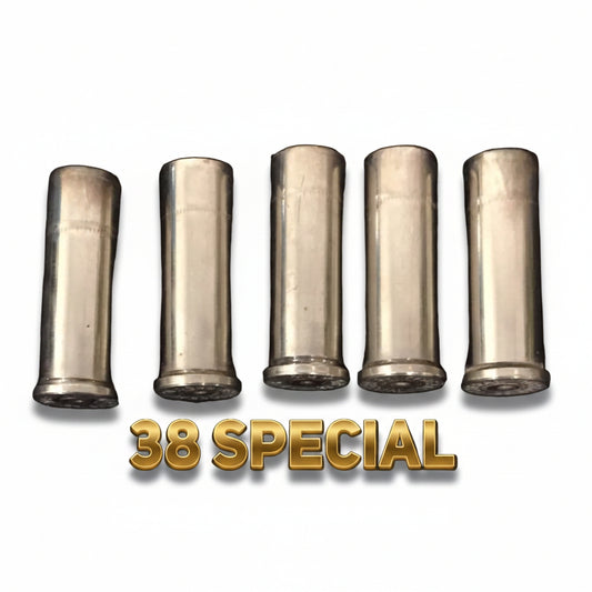 Five silver nickel shells standing upright on a black background beneath 38 SPECIAL text.