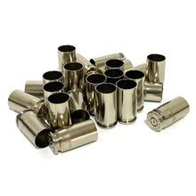 Load image into Gallery viewer, Polished Nickel 40 Smith and Wesson 40 Caliber Empty Brass Shells Used Spent Bullet Casings Fired Ammo Cleaned Polished Qty 25 Pcs FREE SHIPPING