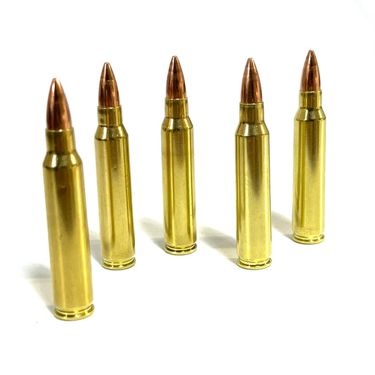 Five brass dummy cartridges standing in a diagonal row on a plain white surface.