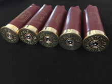Load image into Gallery viewer, Dark Red Shotgun Shells Burgundy 12 Gauge Empty Hand Polished Brass Casings Spent Cartridge DIY Ammo Crafts Boutonnieres Qty 5 - Free Shipping