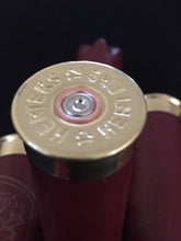 Load image into Gallery viewer, Dark Red Shotgun Shells Burgundy 12 Gauge Empty Hand Polished Brass Casings Spent Cartridge DIY Ammo Crafts Boutonnieres Qty 5 - Free Shipping