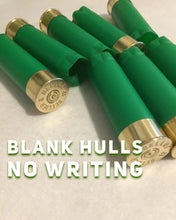 Load image into Gallery viewer, GREEN Shotgun Shells Empty 12 Gauge No Markings On Hulls Spent Shotshells Once Fired Used Casings DIY Boutonniere Ammo Crafts 8 Pcs