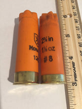 Load image into Gallery viewer, Empty Shotgun Shells Orange Hulls 12 Gauge Spent Once Fired 12GA Monarch Ammo Crafting Jewelry Boutonnieres Corsages Qty 22 Pcs