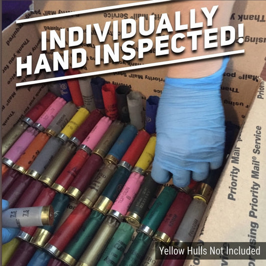 Gloved hand inspecting 12ga shells. Text: HAND INSPECTED! Inert 12ga shells for crafts (no powder/primers).