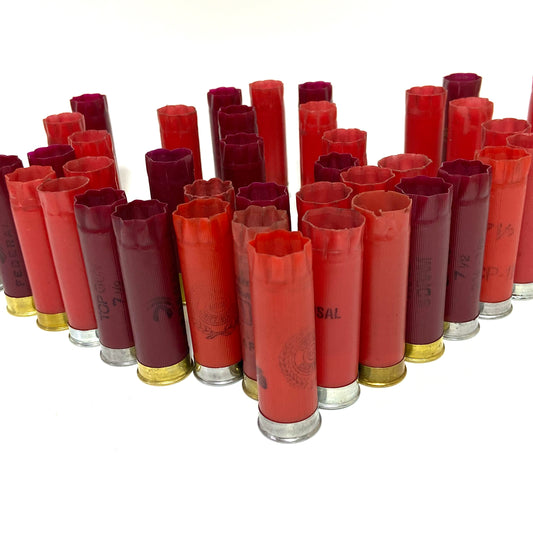 Multiple empty red and maroon 12 gauge shotgun shells standing upright in a grid on a white background.