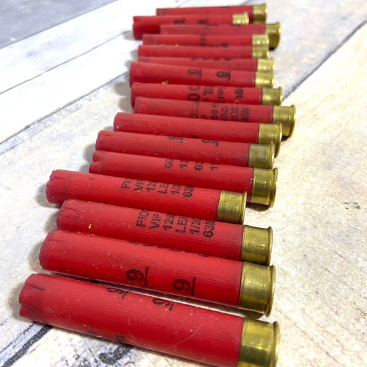 Row of empty red 410 bore shotgun shells with brass bases lying on a wood deck
