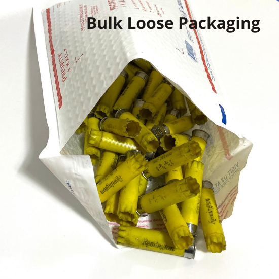 Used yellow casings spilling loose from an opened poly mailer bag, labeled Bulk Loose Packaging