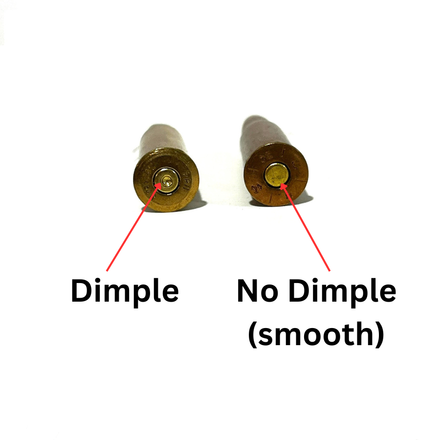 Side-by-side comparison of two brass cartridge bases. The left shows a safe, spent primer with a firing pin dimple. The right shows a live, untouched primer with no dimple.