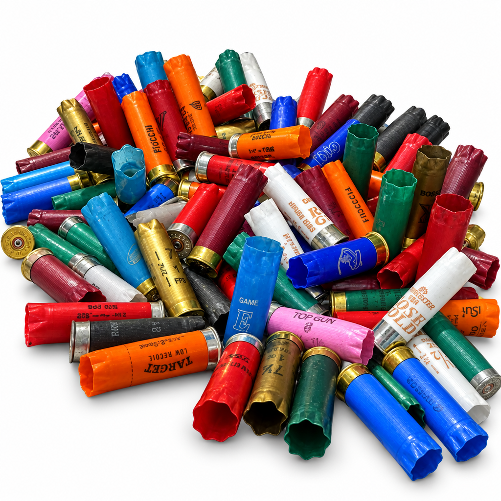 A pile of assorted colorful Empty 12 Gauge Shotgun Shells shells arranged on a plain white background.