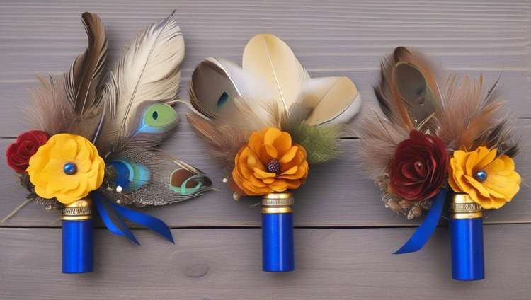 Three rustic wedding boutonnieres crafted from blue empty shotgun shells featuring yellow and red flowers on a wooden surface.