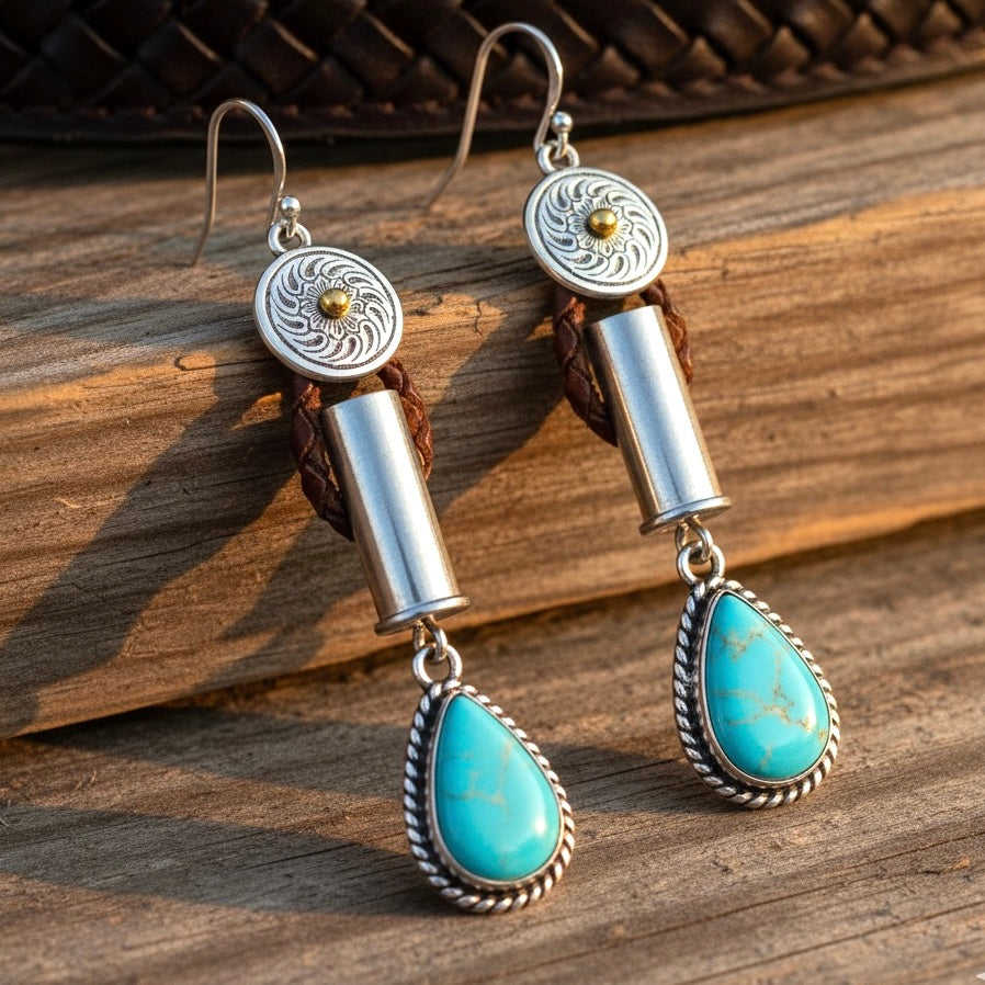 Drilled nickel spent case bullet earrings with turquoise dangles, fish hook clasps, leaning against wood piece 
