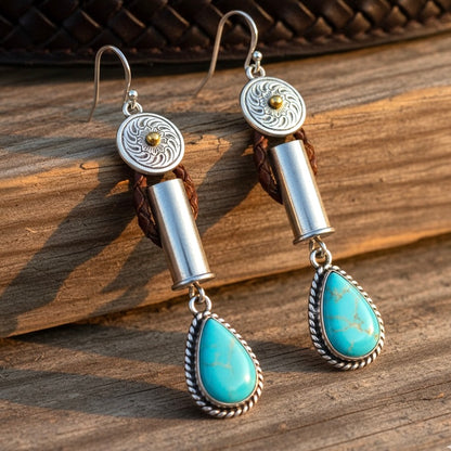 Drilled nickel spent case bullet earrings with turquoise dangles, fish hook clasps, leaning against wood piece 
