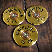 Load image into Gallery viewer, Winchester 12 Gauge Hand Painted Shotgun Shell Slices 12GA Gold Black Qty 5 | FREE SHIPPING
