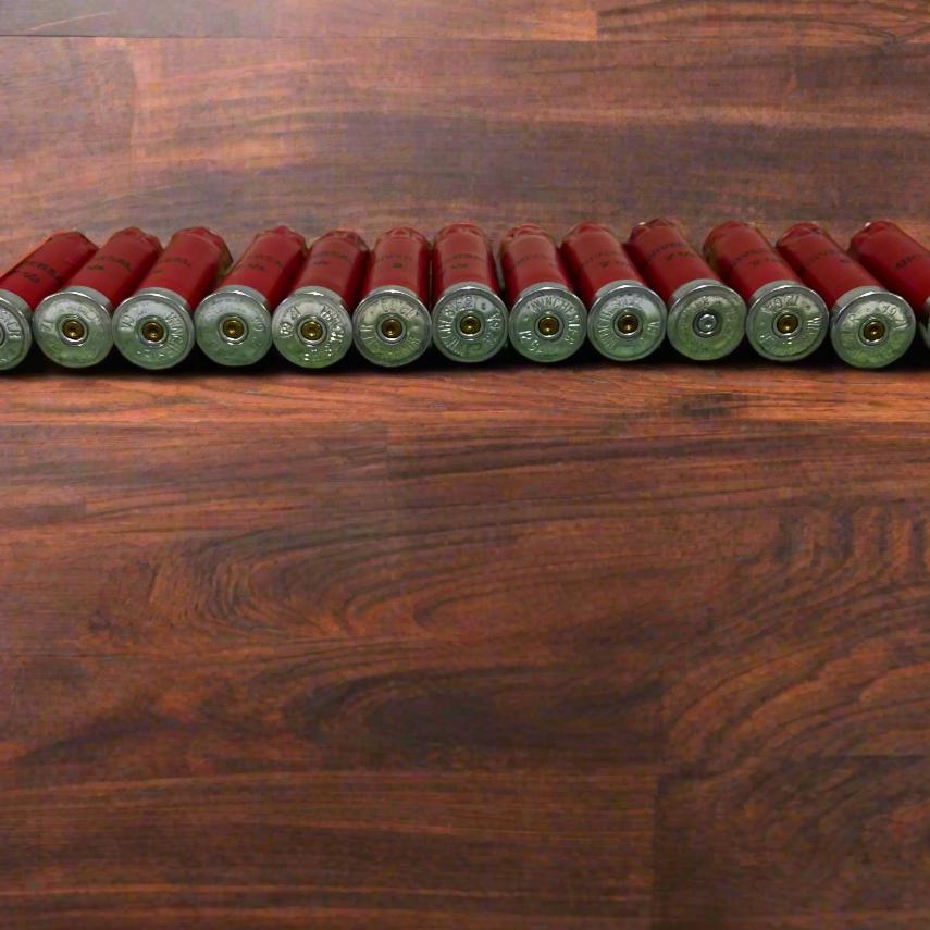 Row Of Red Winchester 12GA Universal Hulls On Wood Floor