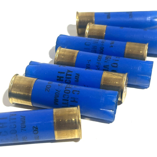 Seven blue 16 gauge empty shotgun shells with gold high brass bases lying on a white background
