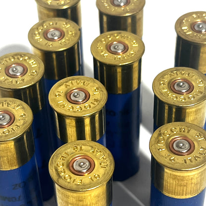 Cluster of blue 16 gauge Fiocchi Italy empty shotgun shells with gold high brass bases viewed base-up