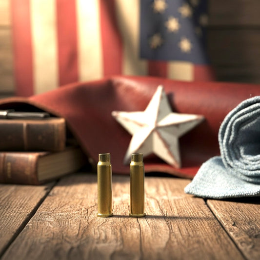 2 empty brass 17 HMR shells standing upright on a wood plank in front of a blurred American flag with a star and stacked books