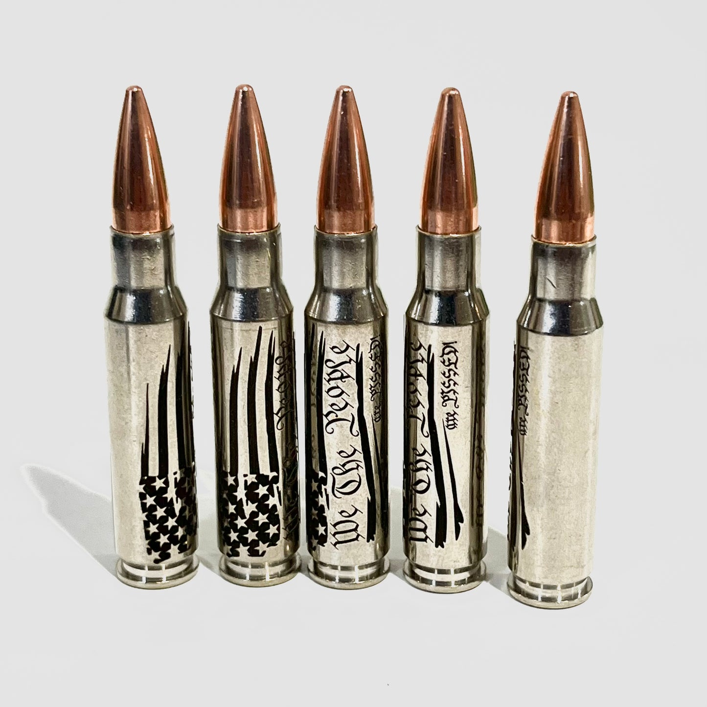 We The People Are PISSED Flag 308 WIN Engraved Nickel Casing With New Bullet Qty 5 Pcs