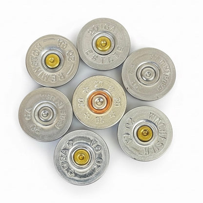 7 silver 20 gauge shotgun shell slices with various headstamps, arranged in a circle on a white background