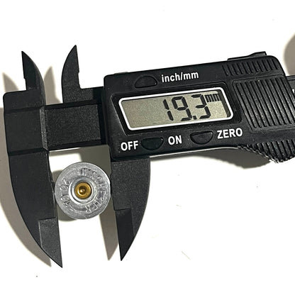Winchester 20-gauge shell slice measured with calipers at 19.3 mm diameter