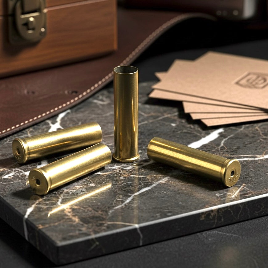 Four brass 22 caliber WMR shells standing and lying on a dark marble surface near a leather bag and cards