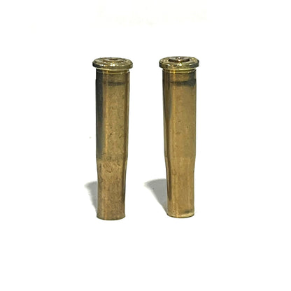 2 brass .22 Hornet shell casings standing upright on a white background