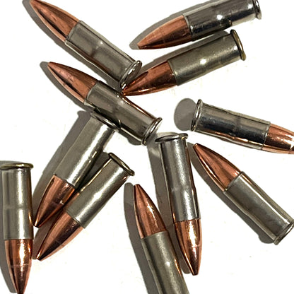 10 .22 caliber nickel dummy rounds with copper bullets scattered on a white background