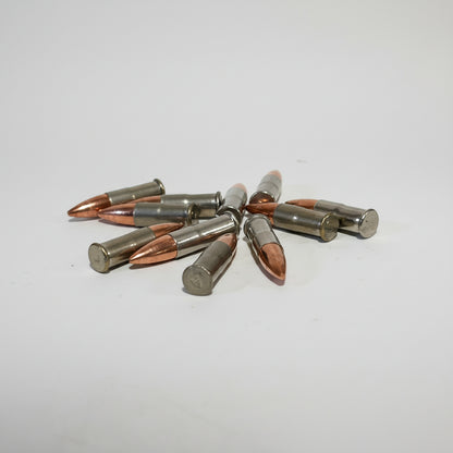 7 .22 caliber nickel dummy rounds scattered on a light gray background