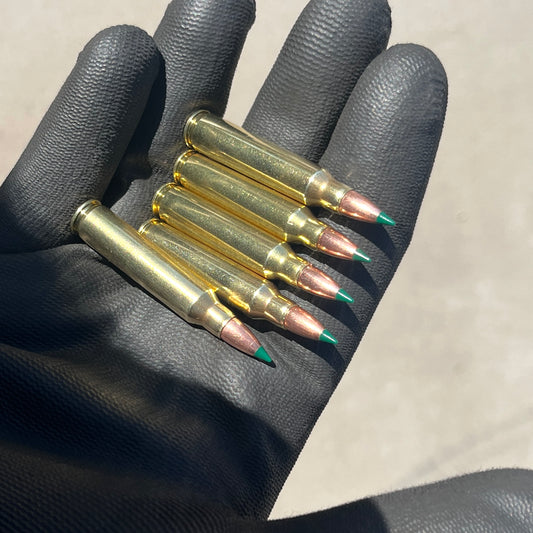 Five brass .223/5.56 dummy rounds with green tips resting parallel across the fingers of a black gloved hand in bright outdoor sunlight.