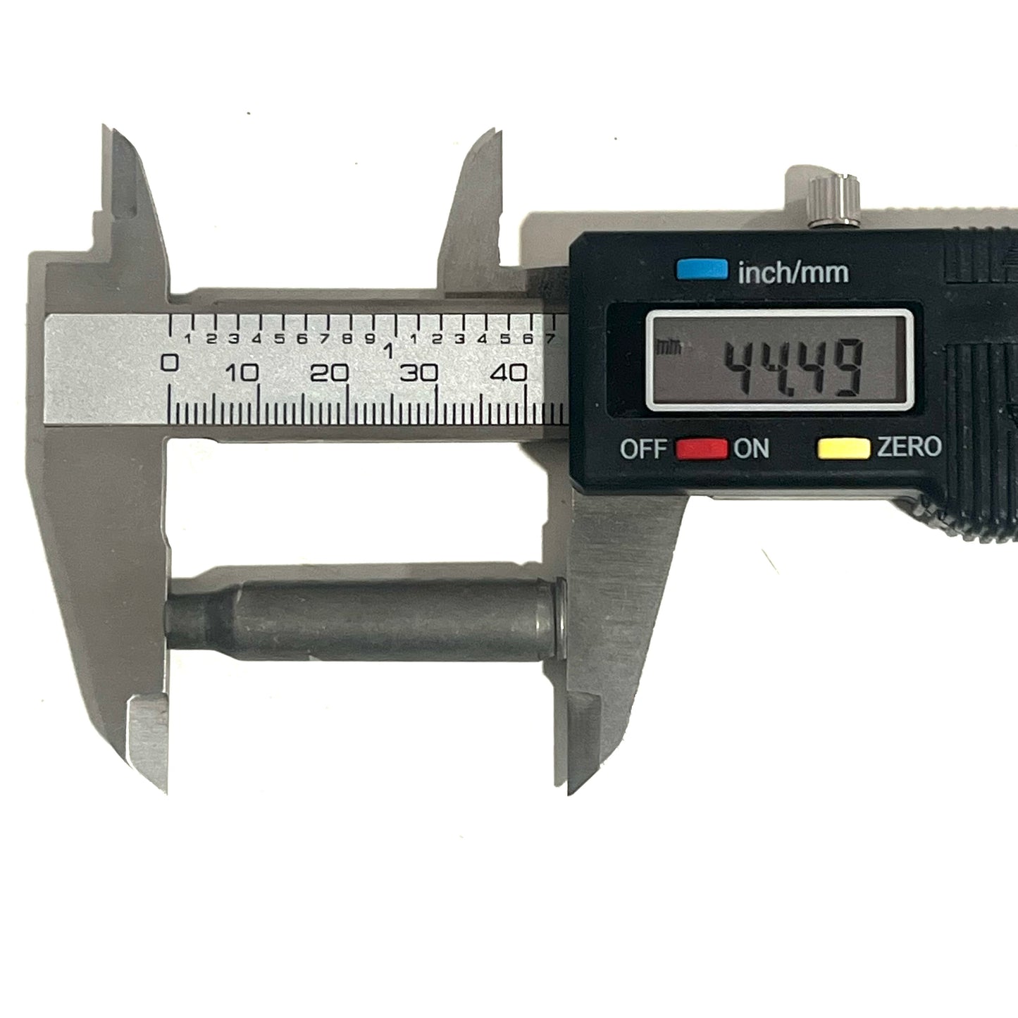 Digital caliper measuring the length of a gray steel .223/5.56 casing at 44.49mm