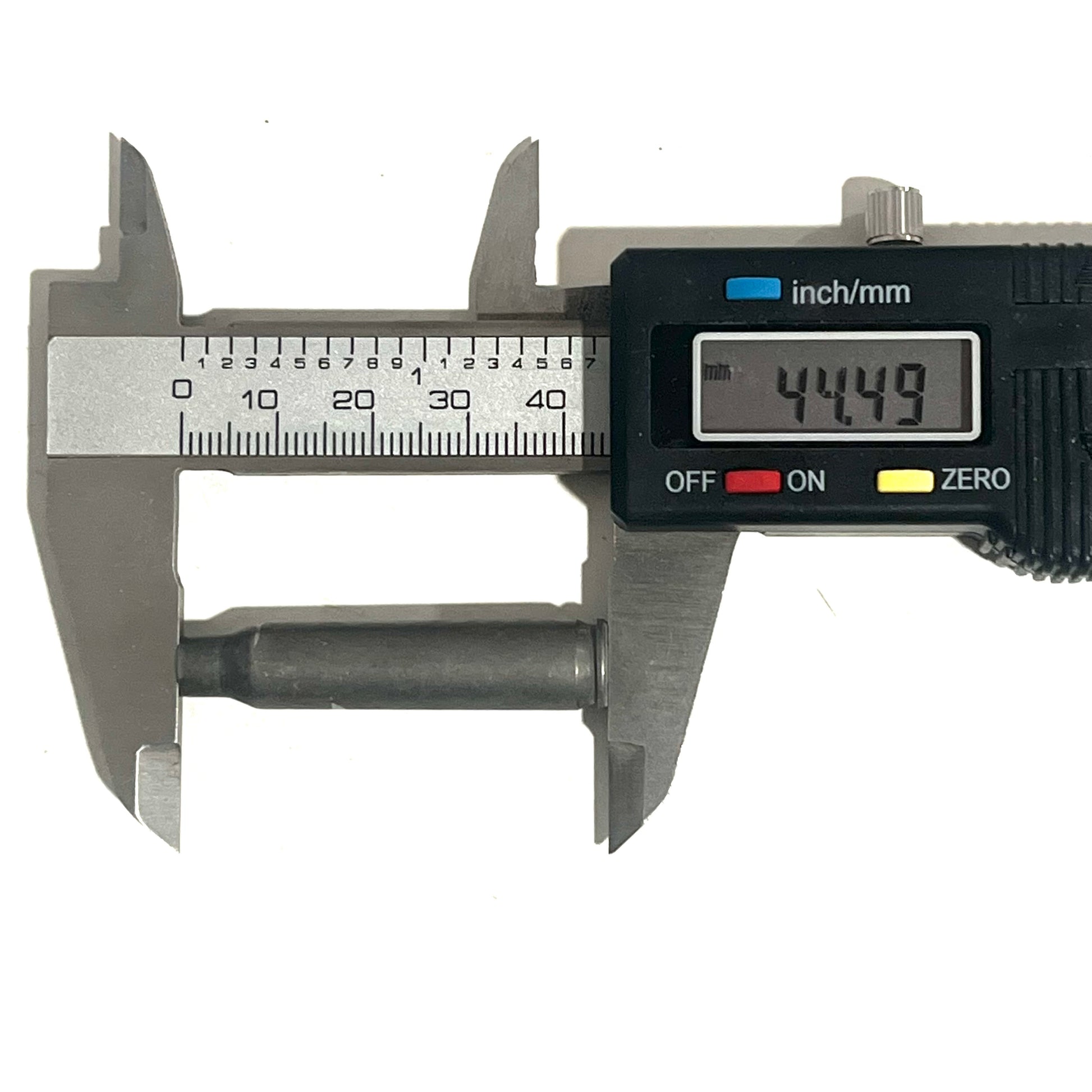 Digital caliper measuring the length of a gray steel .223/5.56 casing at 44.49mm