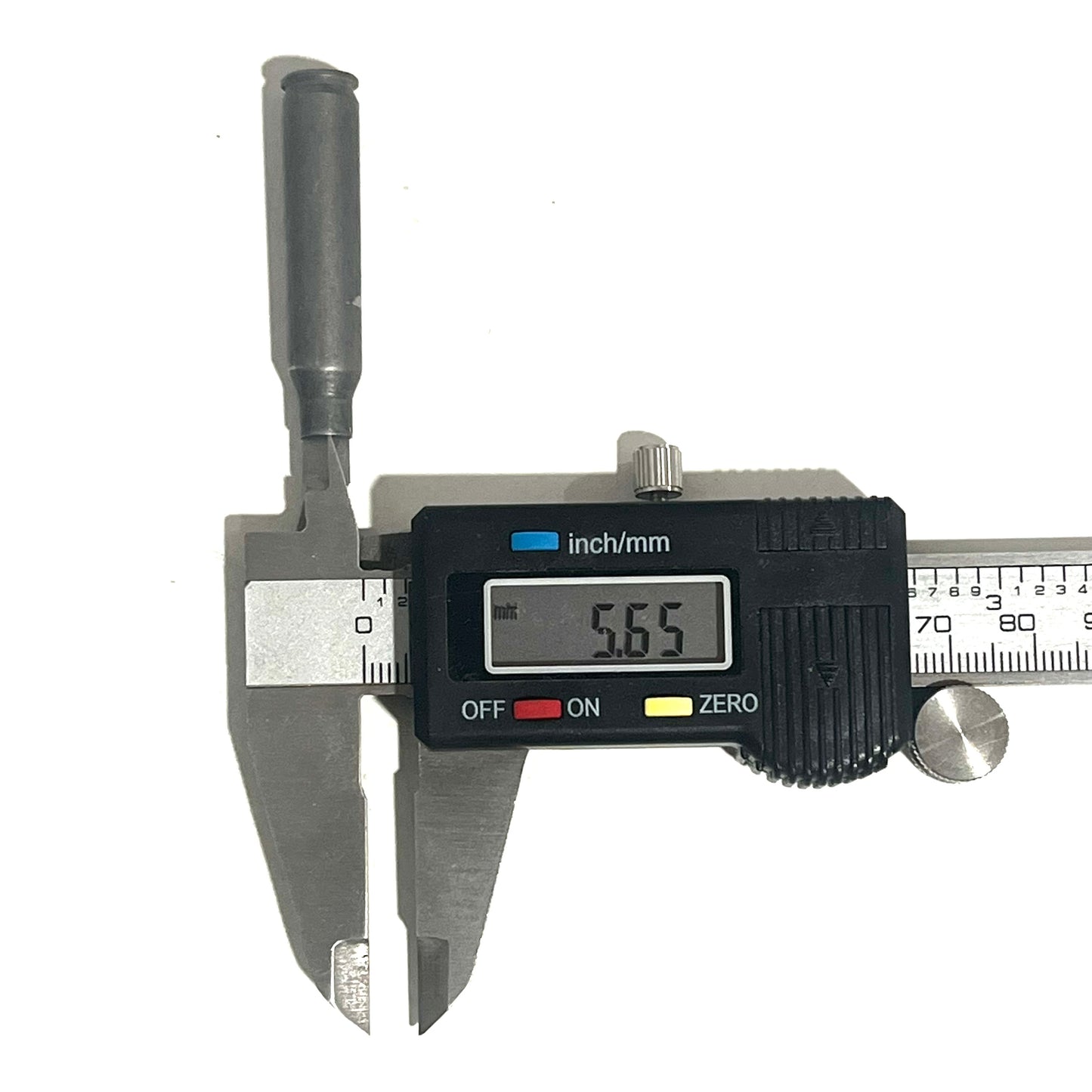Digital caliper measuring the diameter of a gray steel .223/5.56 casing mouth at 5.65mm