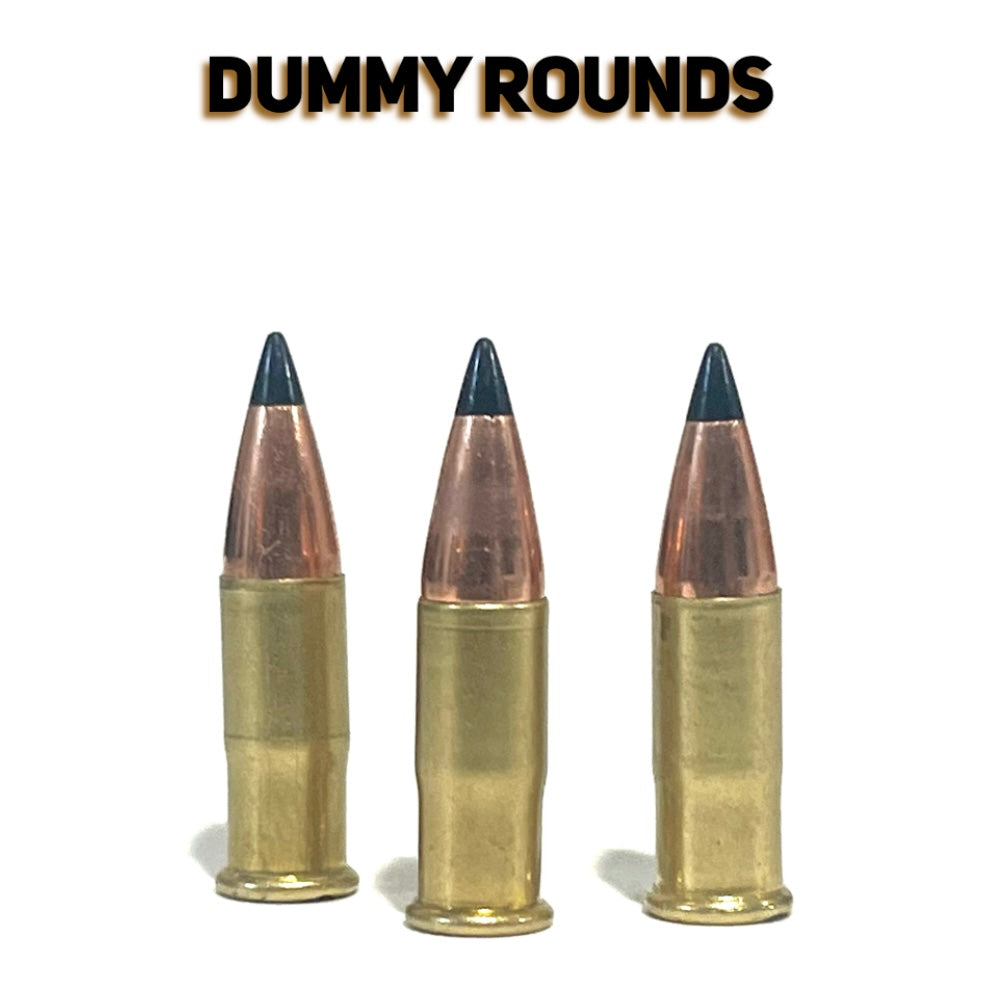 3 .22 caliber dummy rounds with black polymer bullet tips, standing upright with a Dummy Rounds text overlay