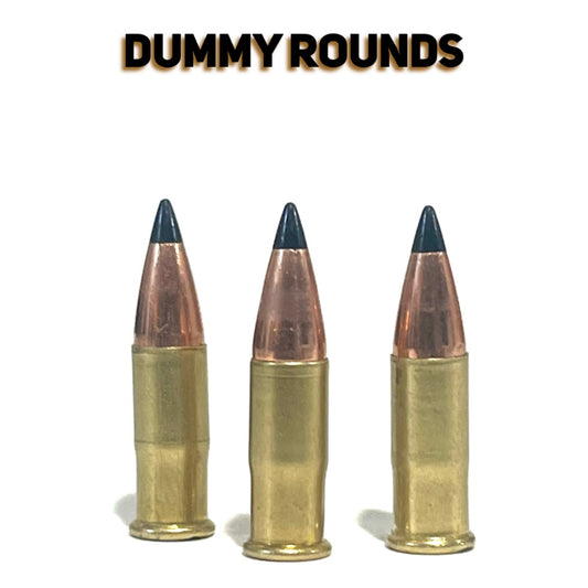 3 .22 caliber dummy rounds with black polymer bullet tips, standing upright with a Dummy Rounds text overlay