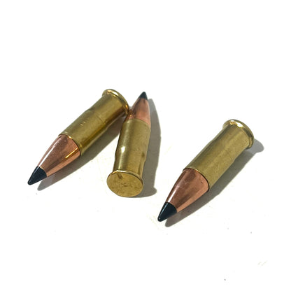 3 .22 caliber dummy rounds with black polymer bullet tips, lying on a white background with one showing its headstamp