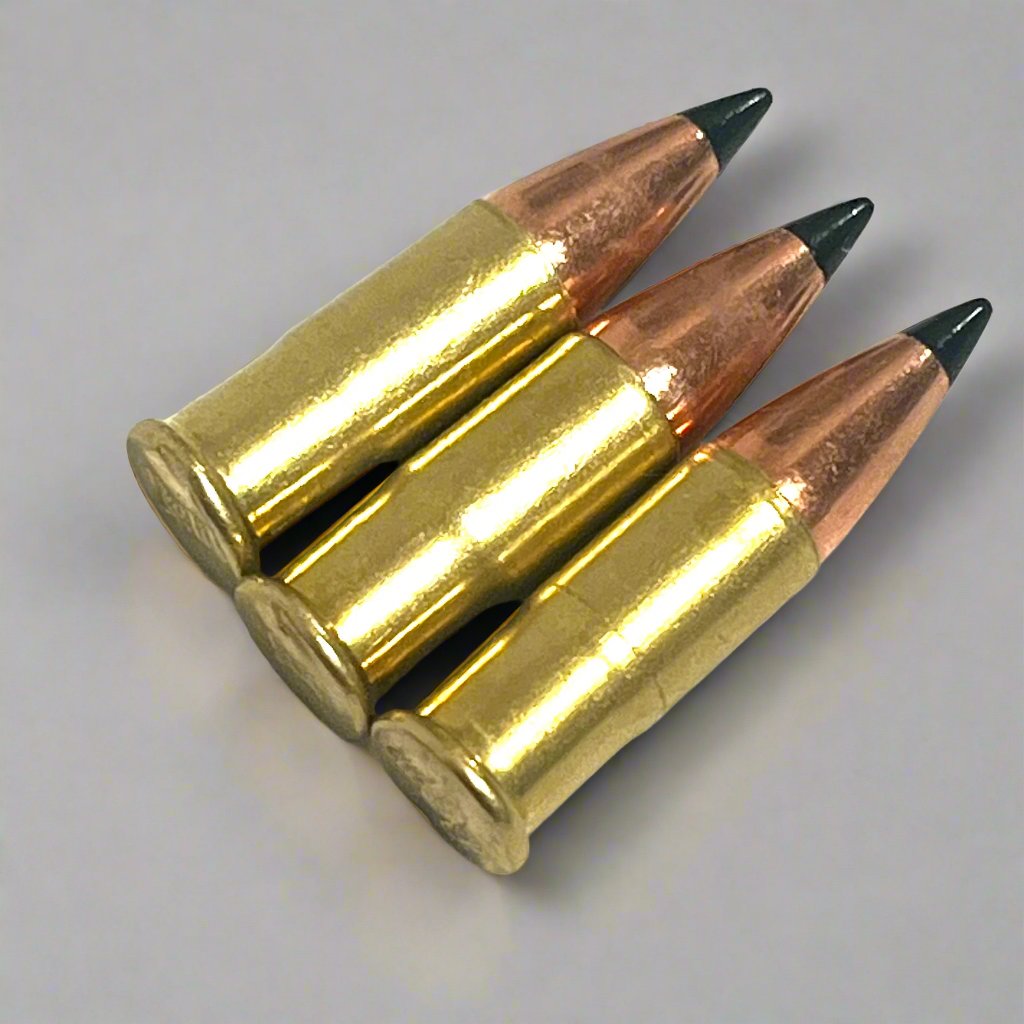 3 .22 caliber dummy rounds with black polymer bullet tips, lying side by side showing brass casings