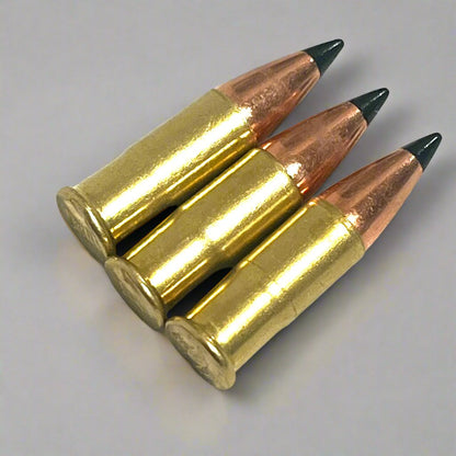 3 .22 caliber dummy rounds with black polymer bullet tips, lying side by side showing brass casings