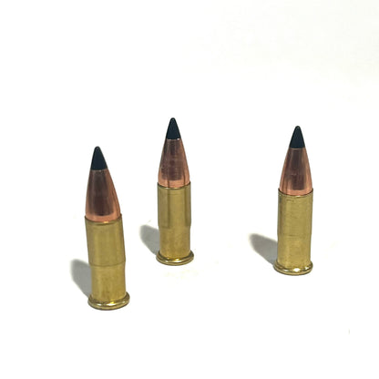 3 .22 caliber dummy rounds with black polymer bullet tips, standing upright on a white background