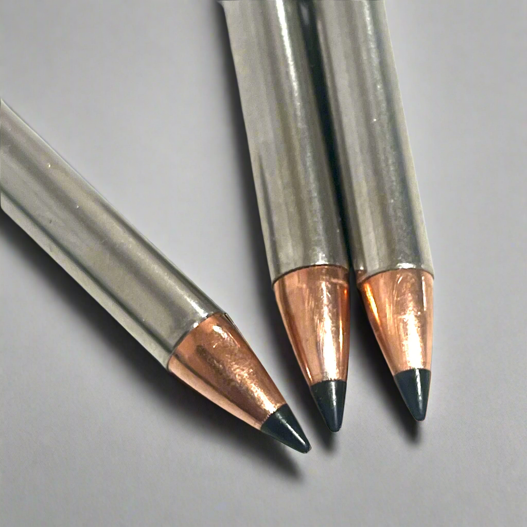 Close-up of 3 .22 Magnum nickel dummy round bullet tips showing copper jackets and black polymer points, gray background