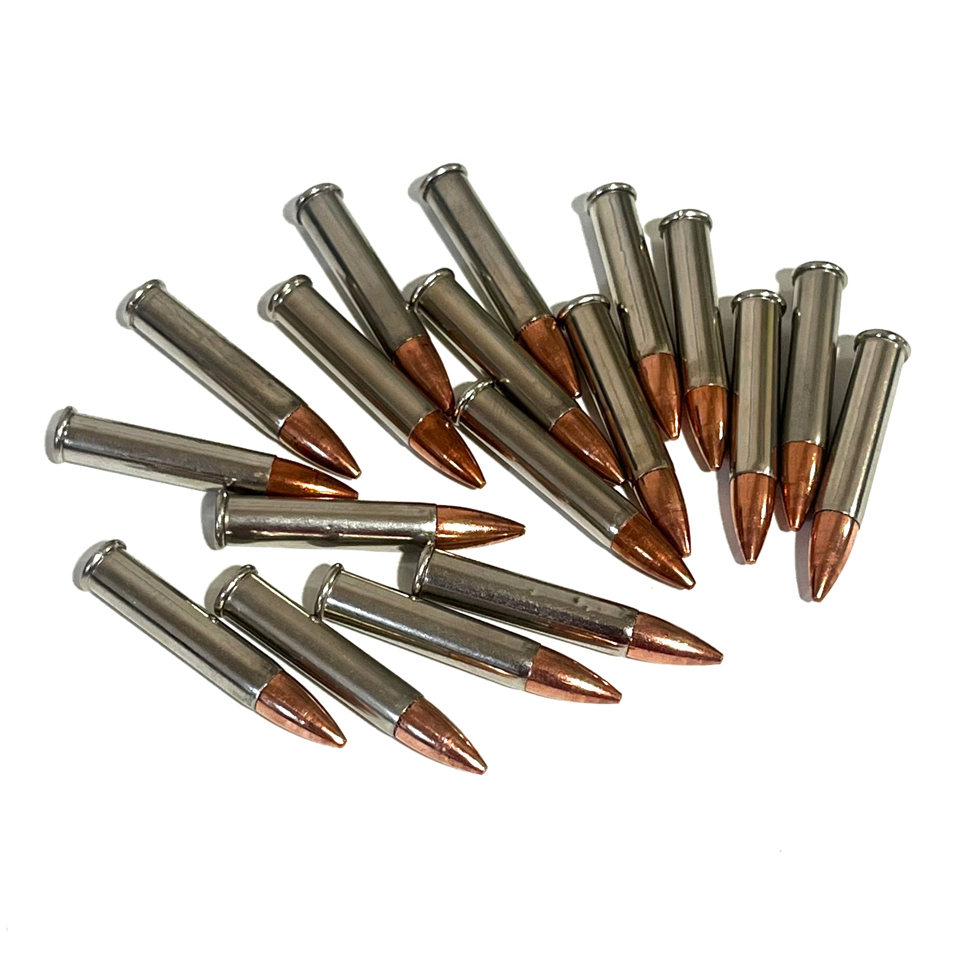 15 .22 Magnum nickel dummy rounds with copper bullets fanned out on white background